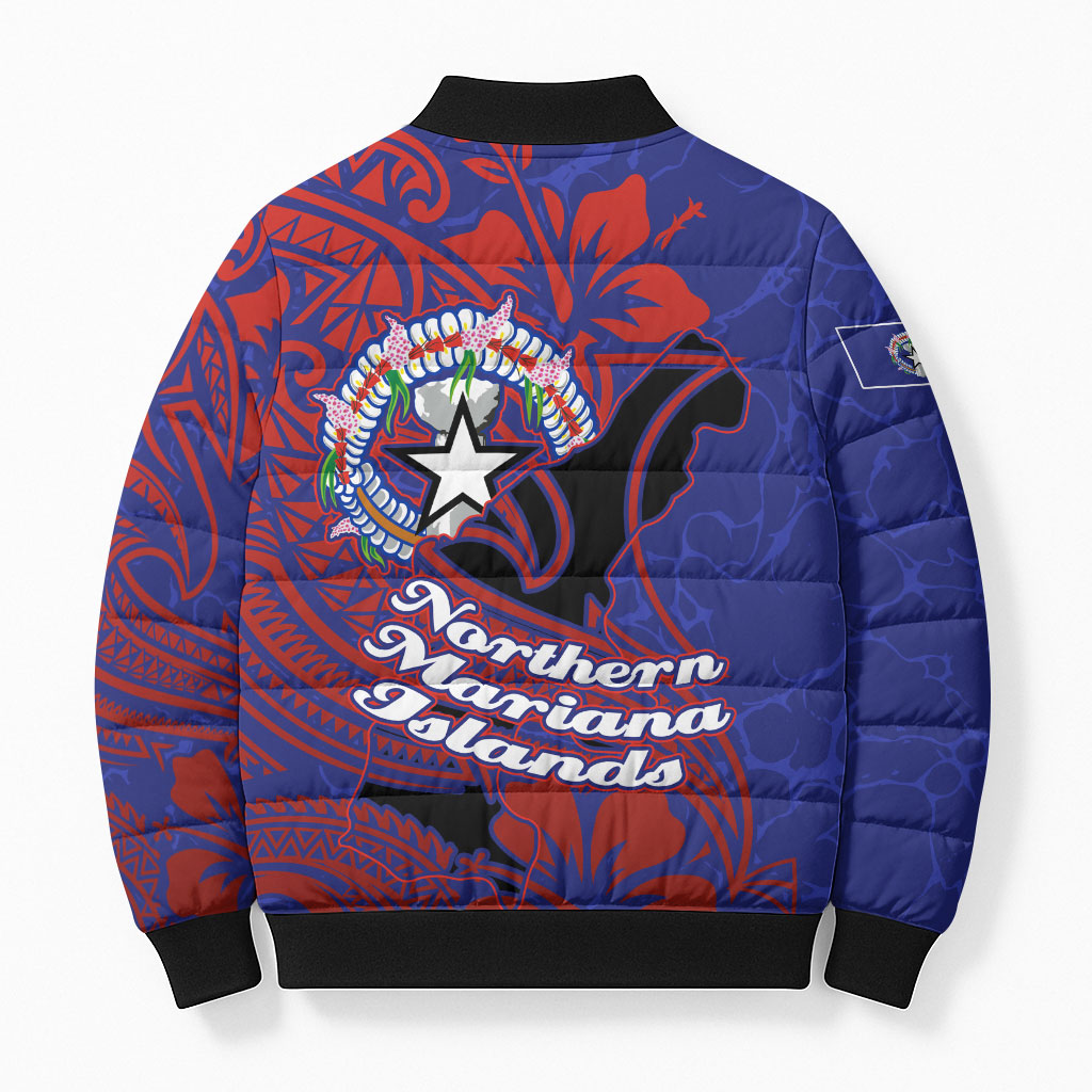 Saipan Northern Mariana Islands Bomber Puffer Jacket Polynesian Tribal Tattoo Art With Hibiscus Flowers And Seal TS04 - Polynesian Pride
