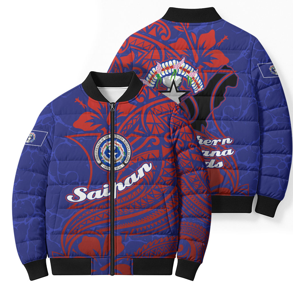 Saipan Northern Mariana Islands Bomber Puffer Jacket Polynesian Tribal Tattoo Art With Hibiscus Flowers And Seal TS04 - Polynesian Pride