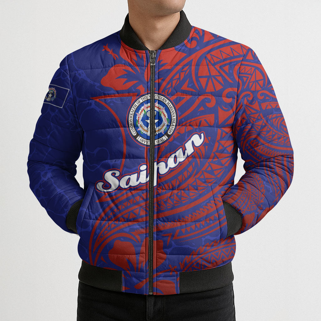 Saipan Northern Mariana Islands Bomber Puffer Jacket Polynesian Tribal Tattoo Art With Hibiscus Flowers And Seal TS04 - Polynesian Pride