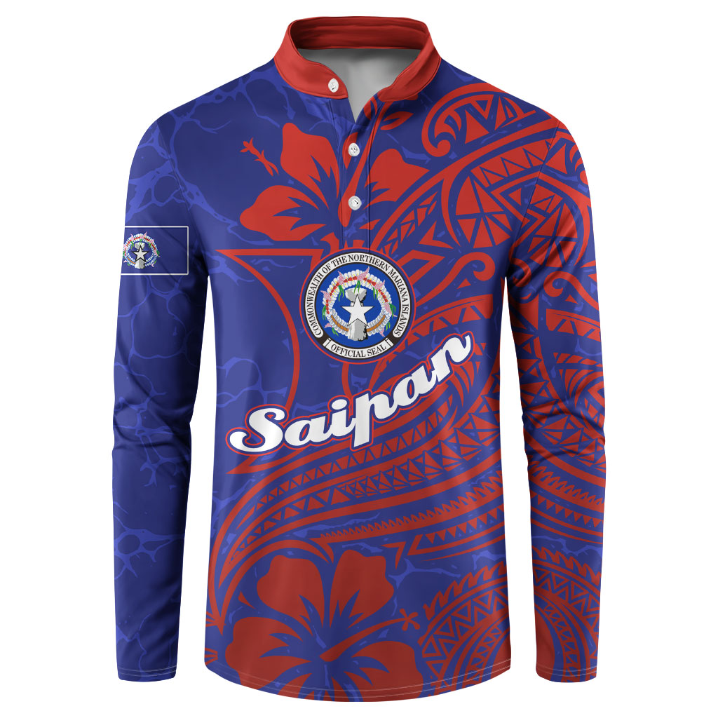 Saipan Northern Mariana Islands Button Sweatshirt Polynesian Tribal Tattoo Art With Hibiscus Flowers And Seal TS04 Blue Red - Polynesian Pride