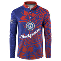 Saipan Northern Mariana Islands Button Sweatshirt Polynesian Tribal Tattoo Art With Hibiscus Flowers And Seal TS04 Blue Red - Polynesian Pride