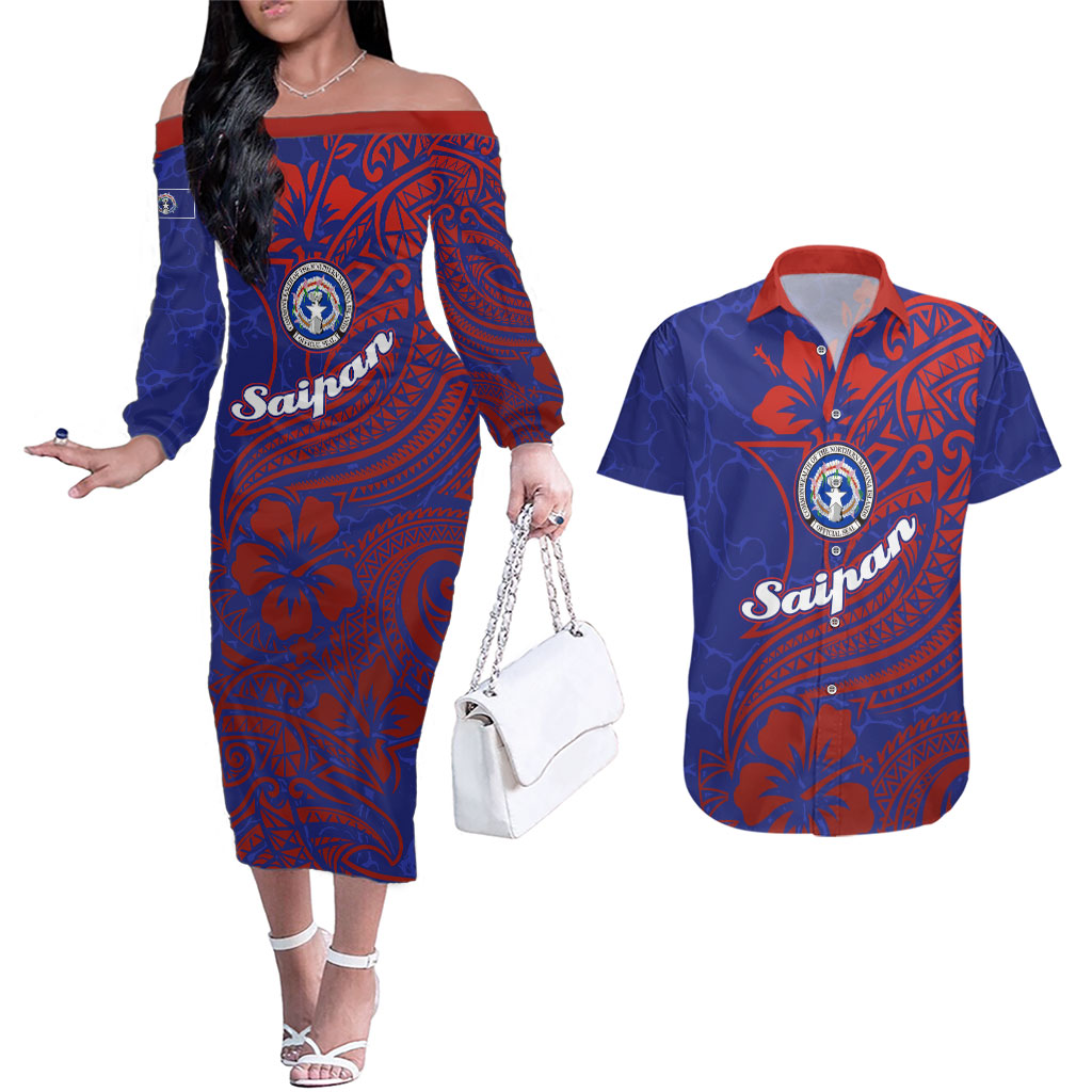 Saipan Northern Mariana Islands Couples Matching Off The Shoulder Long Sleeve Dress and Hawaiian Shirt Polynesian Tribal Tattoo Art With Hibiscus Flowers And Seal