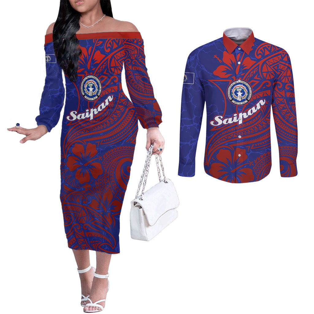 Saipan Northern Mariana Islands Couples Matching Off The Shoulder Long Sleeve Dress and Long Sleeve Button Shirt Polynesian Tribal Tattoo Art With Hibiscus Flowers And Seal