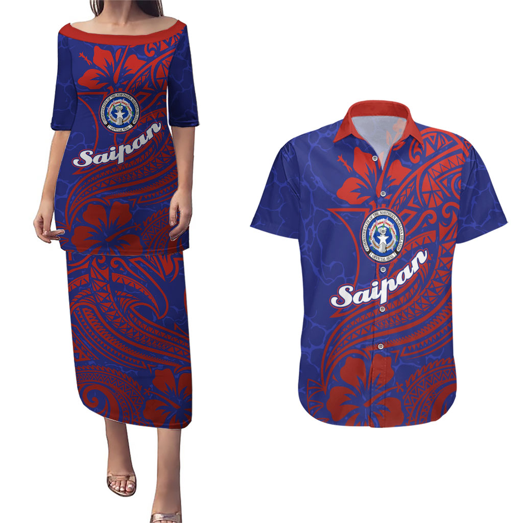 Saipan Northern Mariana Islands Couples Matching Puletasi and Hawaiian Shirt Polynesian Tribal Tattoo Art With Hibiscus Flowers And Seal TS04 Blue Red - Polynesian Pride