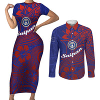 Saipan Northern Mariana Islands Couples Matching Short Sleeve Bodycon Dress and Long Sleeve Button Shirt Polynesian Tribal Tattoo Art With Hibiscus Flowers And Seal TS04 Blue Red - Polynesian Pride