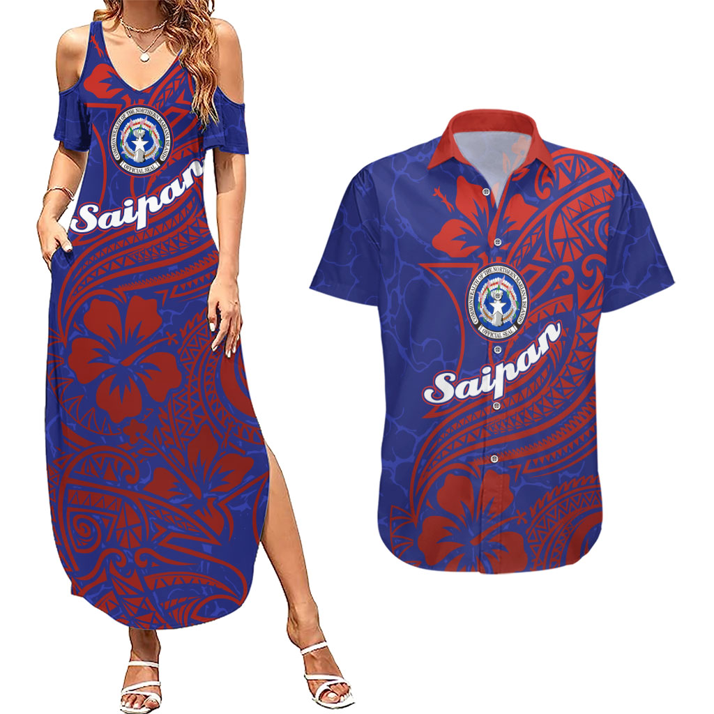 Saipan Northern Mariana Islands Couples Matching Summer Maxi Dress and Hawaiian Shirt Polynesian Tribal Tattoo Art With Hibiscus Flowers And Seal