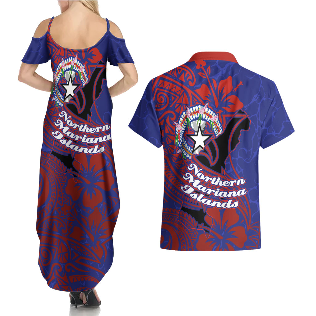 Saipan Northern Mariana Islands Couples Matching Summer Maxi Dress and Hawaiian Shirt Polynesian Tribal Tattoo Art With Hibiscus Flowers And Seal TS04 - Polynesian Pride