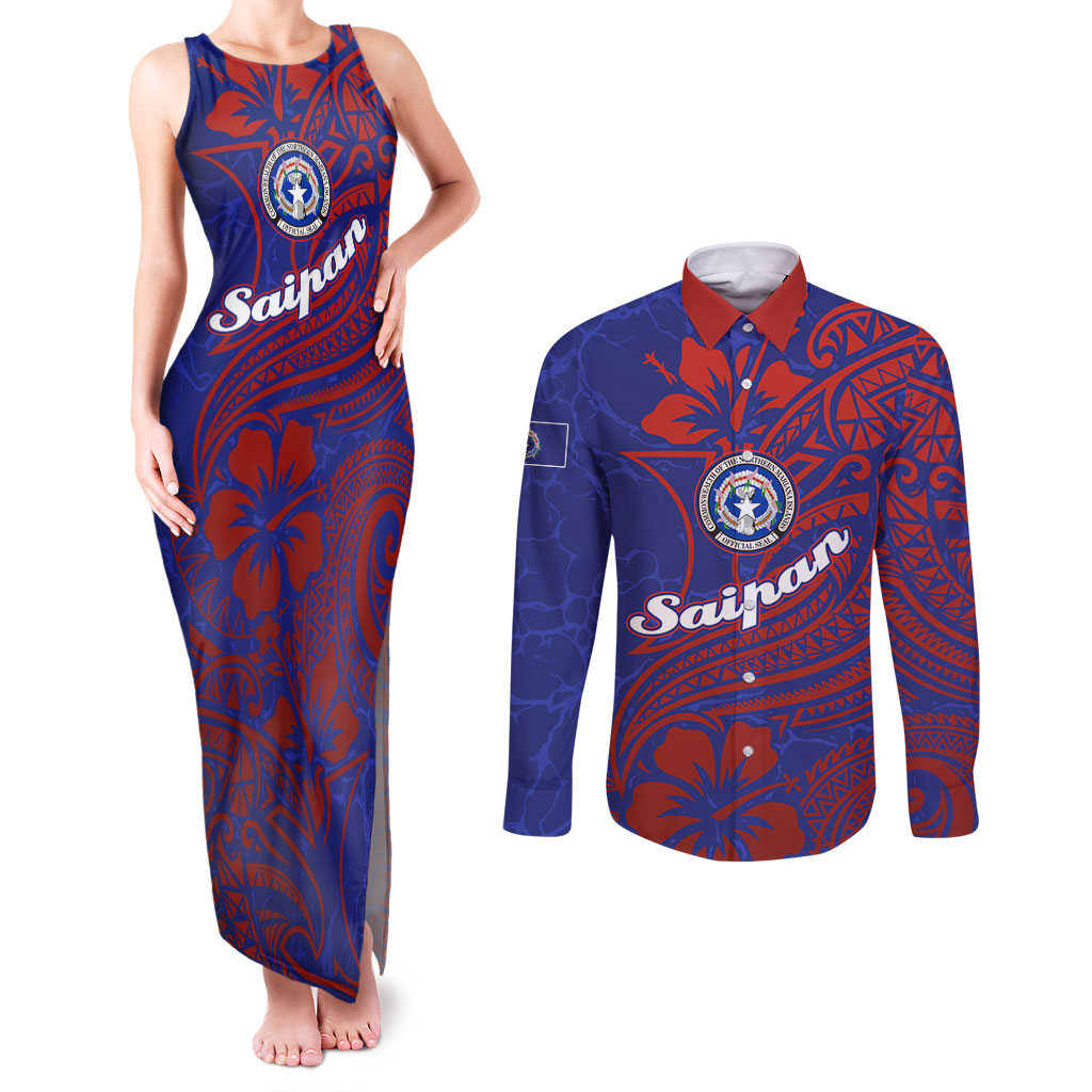 Saipan Northern Mariana Islands Couples Matching Tank Maxi Dress and Long Sleeve Button Shirt Polynesian Tribal Tattoo Art With Hibiscus Flowers And Seal TS04 Blue Red - Polynesian Pride