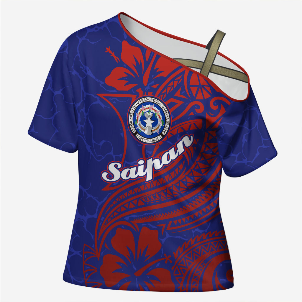 Saipan Northern Mariana Islands Cross Shoulder Shirt Polynesian Tribal Tattoo Art With Hibiscus Flowers And Seal TS04 Female Blue Red - Polynesian Pride