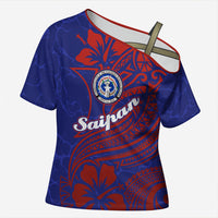 Saipan Northern Mariana Islands Cross Shoulder Shirt Polynesian Tribal Tattoo Art With Hibiscus Flowers And Seal TS04 Female Blue Red - Polynesian Pride