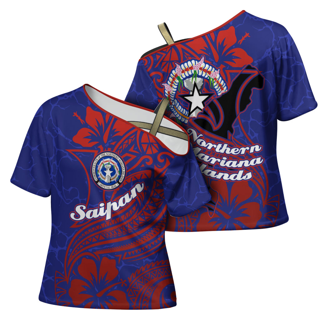 Saipan Northern Mariana Islands Cross Shoulder Shirt Polynesian Tribal Tattoo Art With Hibiscus Flowers And Seal TS04 - Polynesian Pride