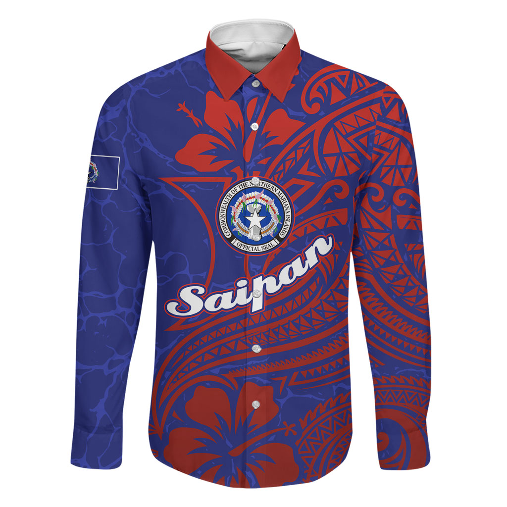 Saipan Northern Mariana Islands Family Matching Long Sleeve Bodycon Dress and Hawaiian Shirt Polynesian Tribal Tattoo Art With Hibiscus Flowers And Seal TS04 Dad's Shirt - Long Sleeve Blue Red - Polynesian Pride