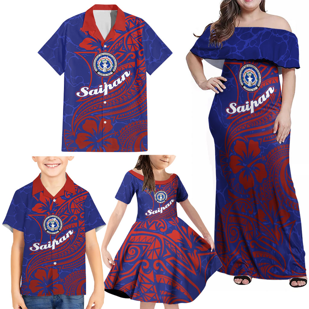 Saipan Northern Mariana Islands Family Matching Off Shoulder Maxi Dress and Hawaiian Shirt Polynesian Tribal Tattoo Art With Hibiscus Flowers And Seal TS04 - Polynesian Pride