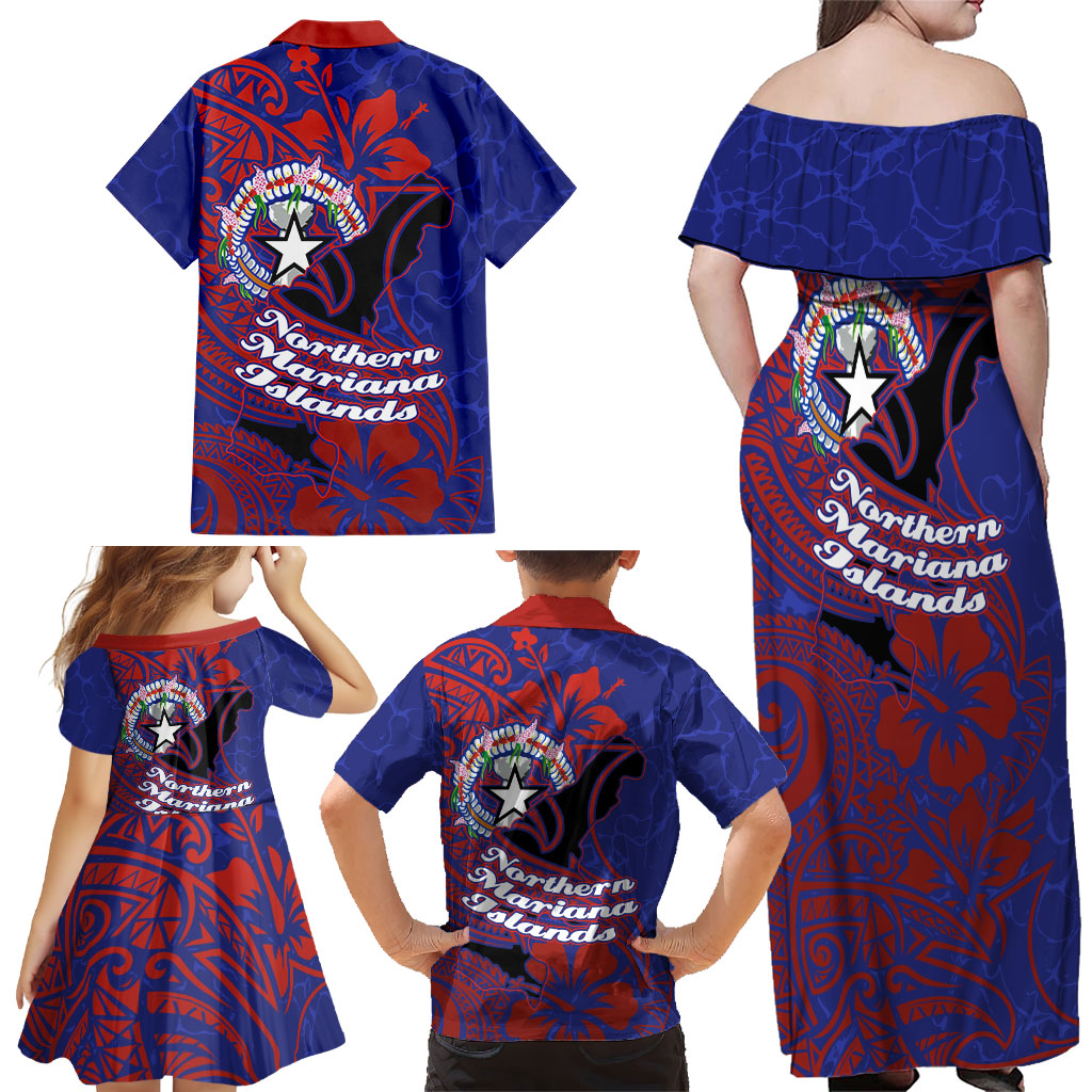 Saipan Northern Mariana Islands Family Matching Off Shoulder Maxi Dress and Hawaiian Shirt Polynesian Tribal Tattoo Art With Hibiscus Flowers And Seal TS04 - Polynesian Pride