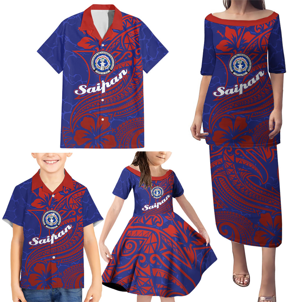 Saipan Northern Mariana Islands Family Matching Puletasi and Hawaiian Shirt Polynesian Tribal Tattoo Art With Hibiscus Flowers And Seal TS04 - Polynesian Pride