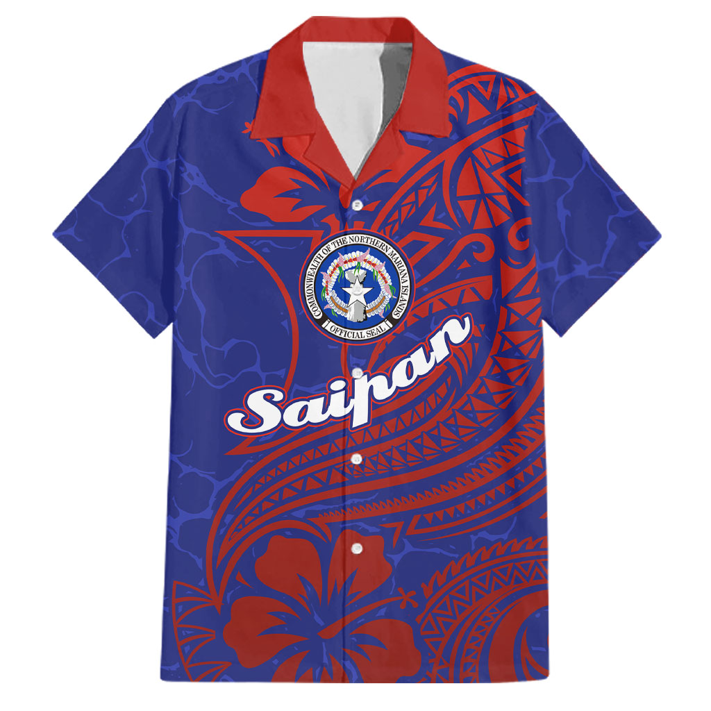 Saipan Northern Mariana Islands Family Matching Puletasi and Hawaiian Shirt Polynesian Tribal Tattoo Art With Hibiscus Flowers And Seal TS04 Dad's Shirt - Short Sleeve Blue Red - Polynesian Pride