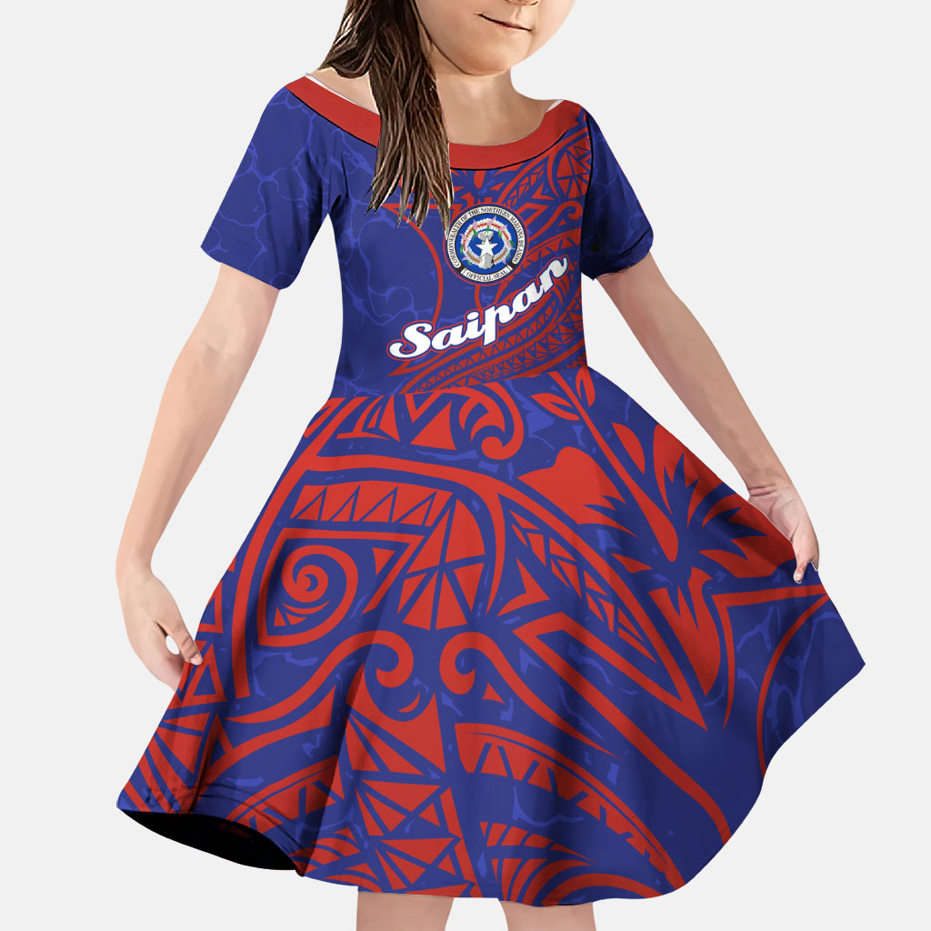 Saipan Northern Mariana Islands Family Matching Short Sleeve Bodycon Dress and Hawaiian Shirt Polynesian Tribal Tattoo Art With Hibiscus Flowers And Seal TS04 Daughter's Dress Blue Red - Polynesian Pride