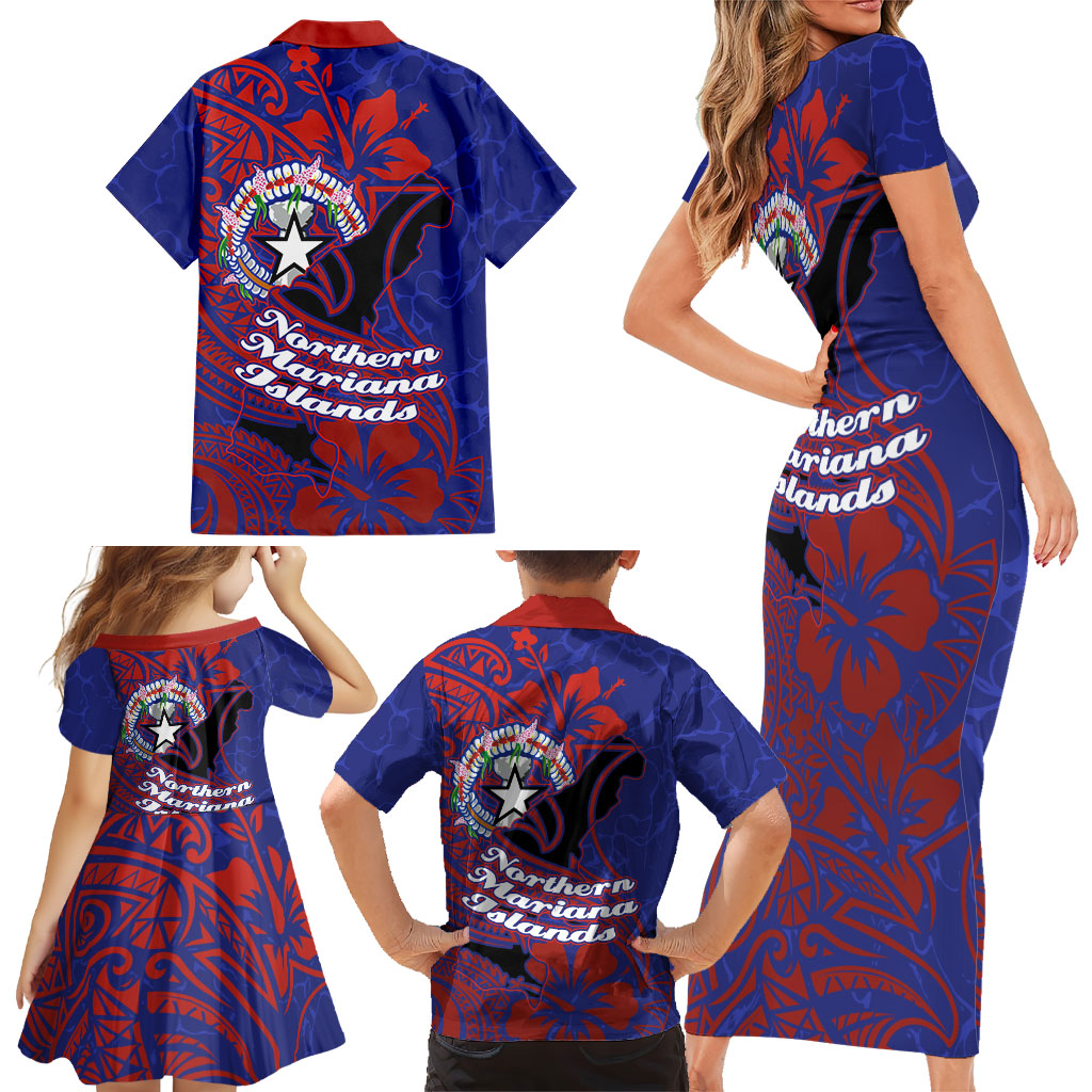 Saipan Northern Mariana Islands Family Matching Short Sleeve Bodycon Dress and Hawaiian Shirt Polynesian Tribal Tattoo Art With Hibiscus Flowers And Seal TS04 - Polynesian Pride