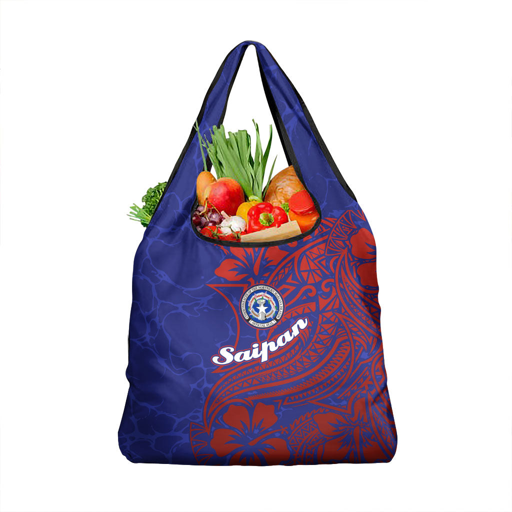 Saipan Northern Mariana Islands Grocery Bag Polynesian Tribal Tattoo Art With Hibiscus Flowers And Seal TS04 1-pack One Size Blue Red - Polynesian Pride