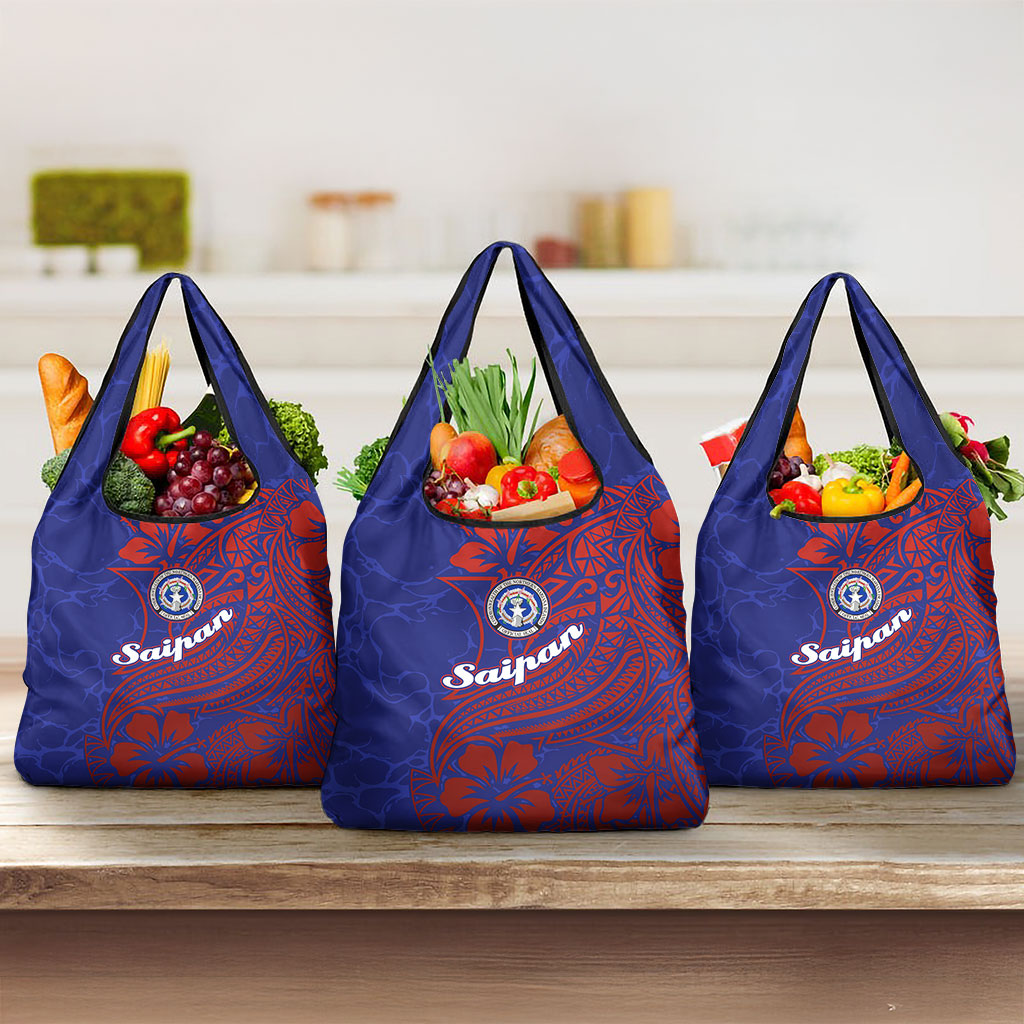 Saipan Northern Mariana Islands Grocery Bag Polynesian Tribal Tattoo Art With Hibiscus Flowers And Seal TS04 3-pack One Size Blue Red - Polynesian Pride