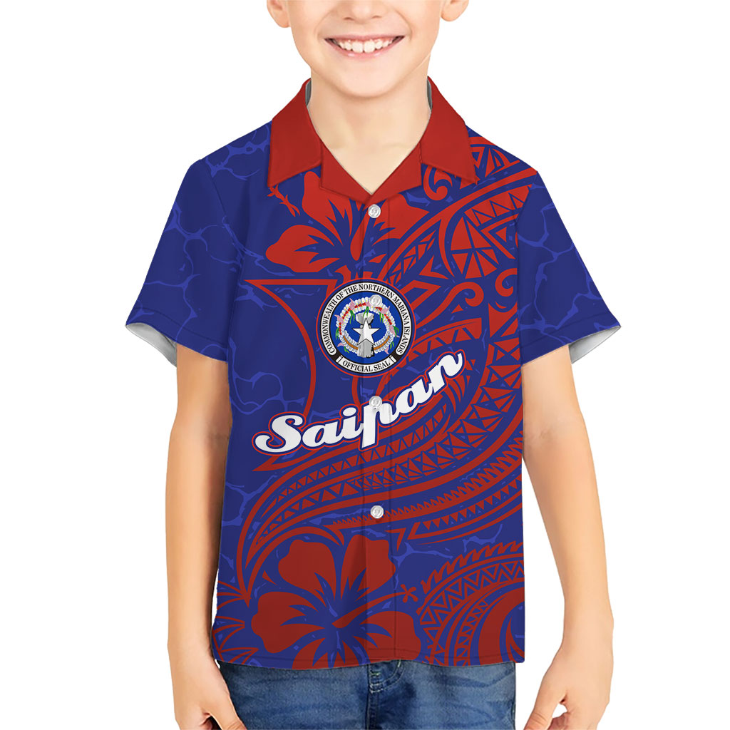Saipan Northern Mariana Islands Kid Hawaiian Shirt Polynesian Tribal Tattoo Art With Hibiscus Flowers And Seal TS04 Kid Blue Red - Polynesian Pride
