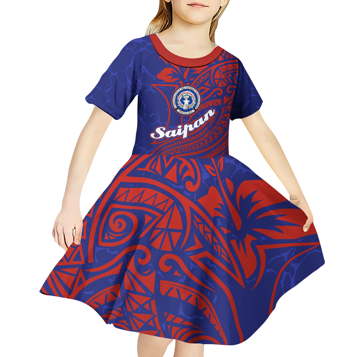 Saipan Northern Mariana Islands Kid Short Sleeve Dress Polynesian Tribal Tattoo Art With Hibiscus Flowers And Seal TS04 - Polynesian Pride