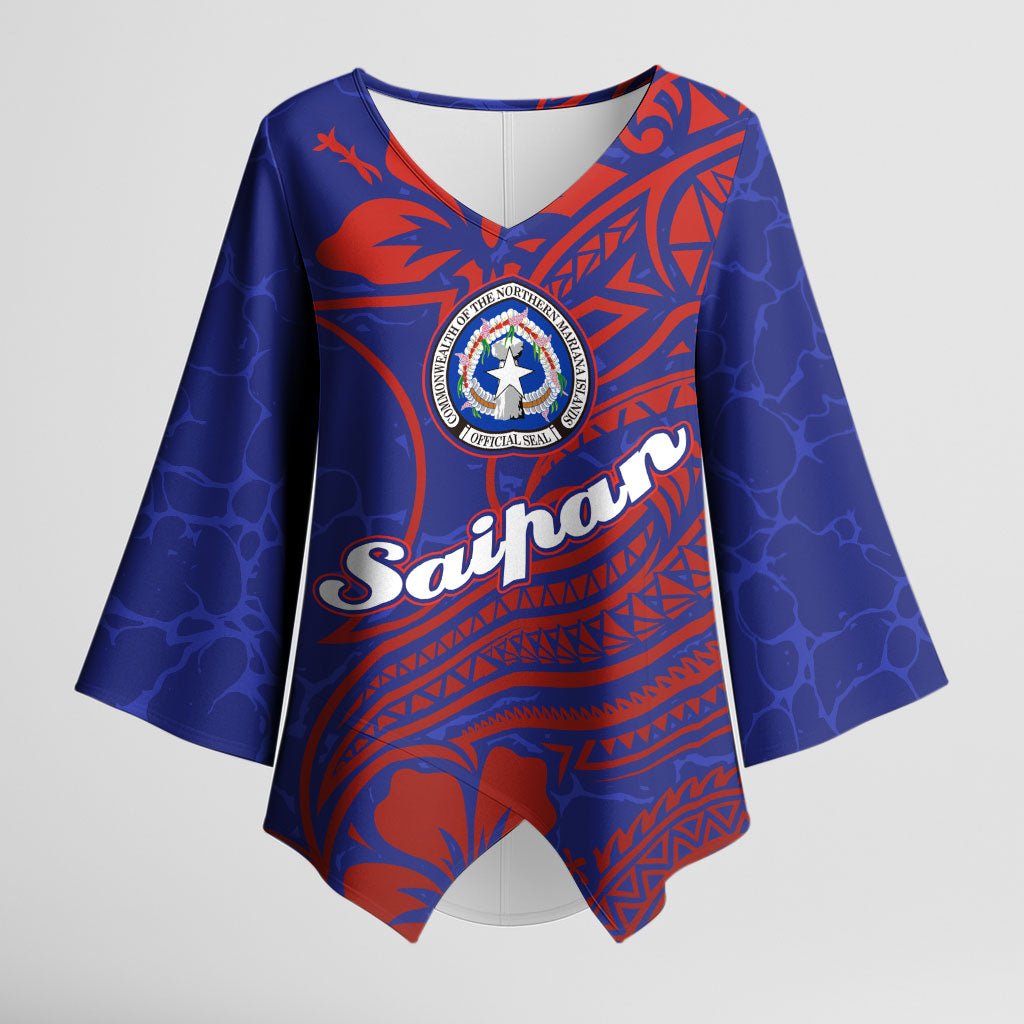 Saipan Northern Mariana Islands Kimono Sleeve Blouse Polynesian Tribal Tattoo Art With Hibiscus Flowers And Seal