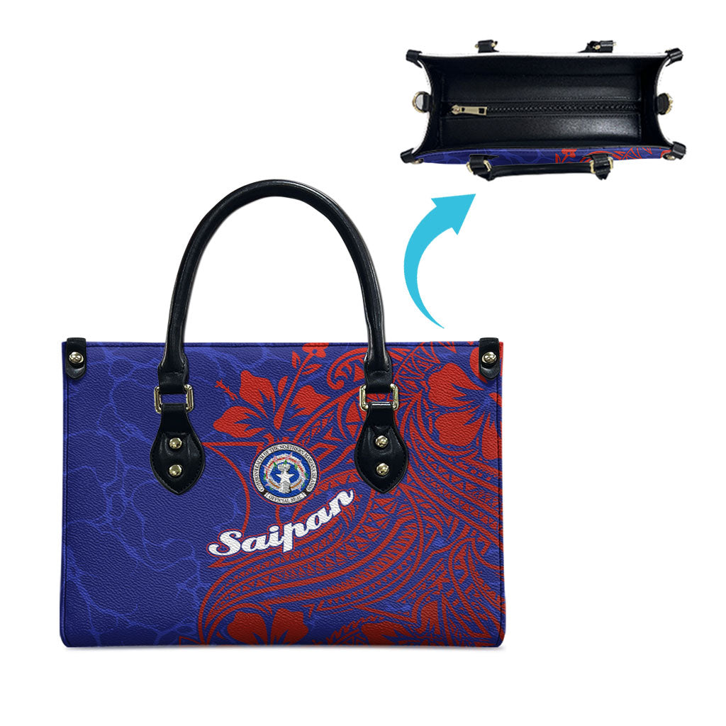 Saipan Northern Mariana Islands Leather Bag Polynesian Tribal Tattoo Art With Hibiscus Flowers And Seal TS04 - Polynesian Pride