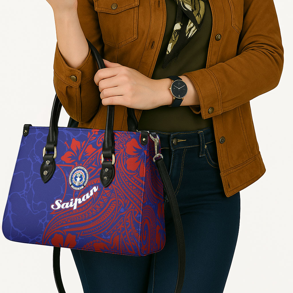 Saipan Northern Mariana Islands Leather Bag Polynesian Tribal Tattoo Art With Hibiscus Flowers And Seal TS04 - Polynesian Pride