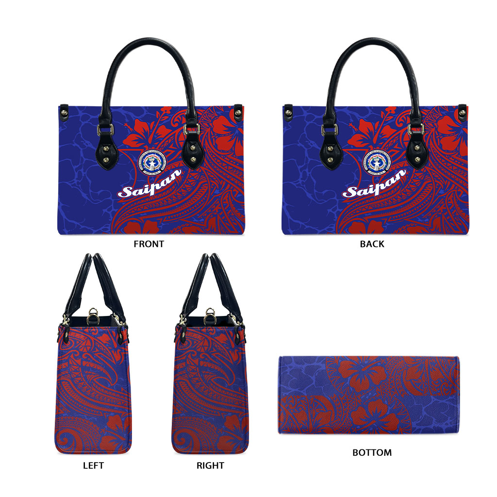 Saipan Northern Mariana Islands Leather Bag Polynesian Tribal Tattoo Art With Hibiscus Flowers And Seal TS04 - Polynesian Pride