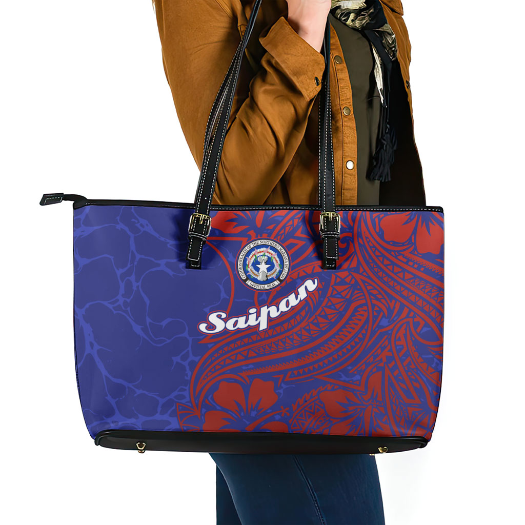 Saipan Northern Mariana Islands Leather Tote Bag Polynesian Tribal Tattoo Art With Hibiscus Flowers And Seal TS04 - Polynesian Pride