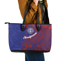 Saipan Northern Mariana Islands Leather Tote Bag Polynesian Tribal Tattoo Art With Hibiscus Flowers And Seal TS04 - Polynesian Pride