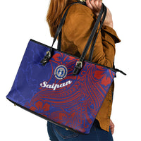 Saipan Northern Mariana Islands Leather Tote Bag Polynesian Tribal Tattoo Art With Hibiscus Flowers And Seal TS04 - Polynesian Pride