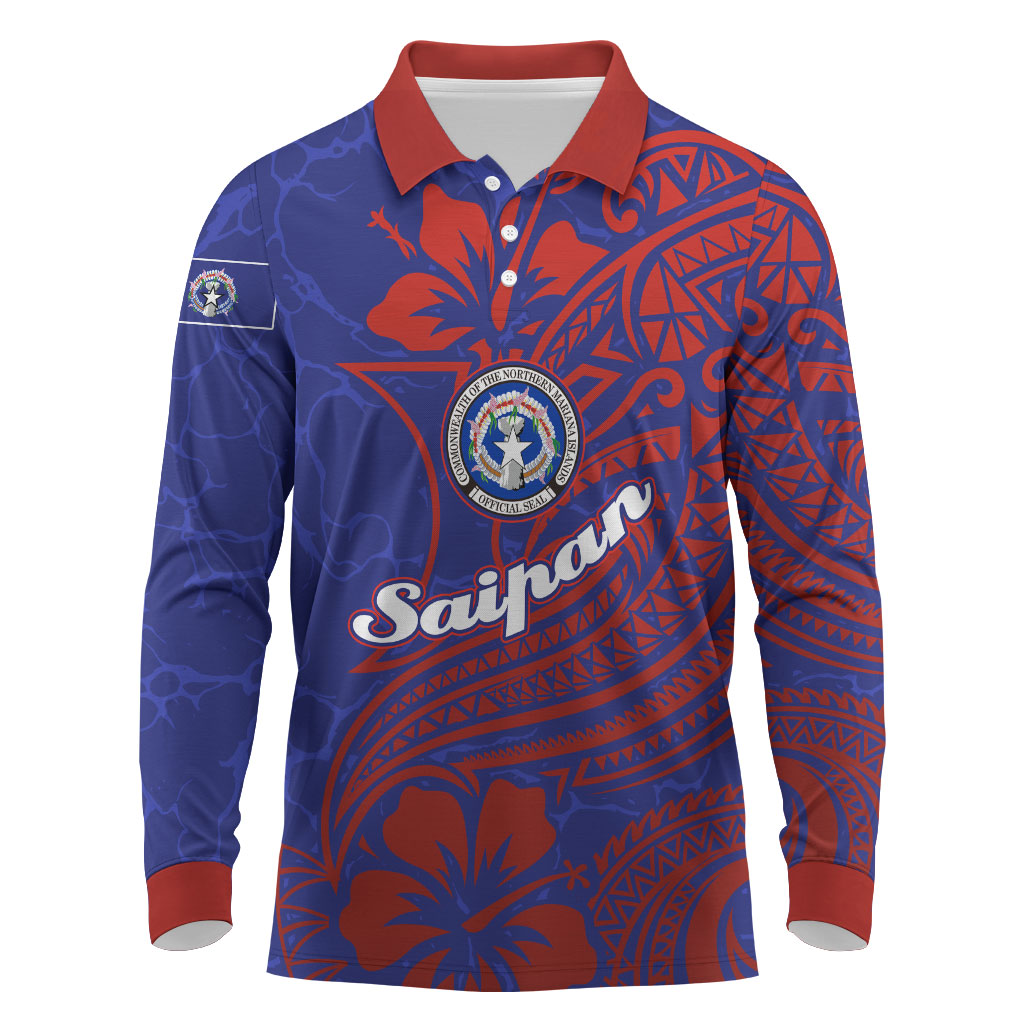 Saipan Northern Mariana Islands Long Sleeve Polo Shirt Polynesian Tribal Tattoo Art With Hibiscus Flowers And Seal TS04 Blue Red - Polynesian Pride