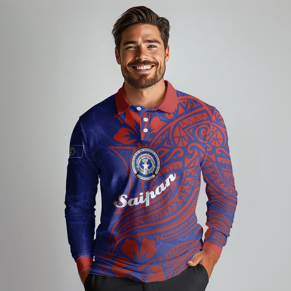 Saipan Northern Mariana Islands Long Sleeve Polo Shirt Polynesian Tribal Tattoo Art With Hibiscus Flowers And Seal TS04 - Polynesian Pride