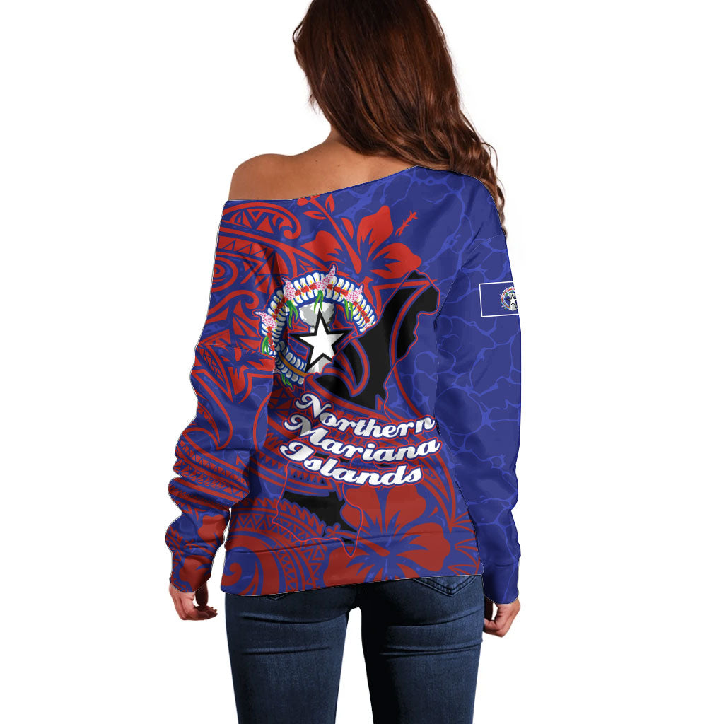 Saipan Northern Mariana Islands Off Shoulder Sweater Polynesian Tribal Tattoo Art With Hibiscus Flowers And Seal TS04 - Polynesian Pride