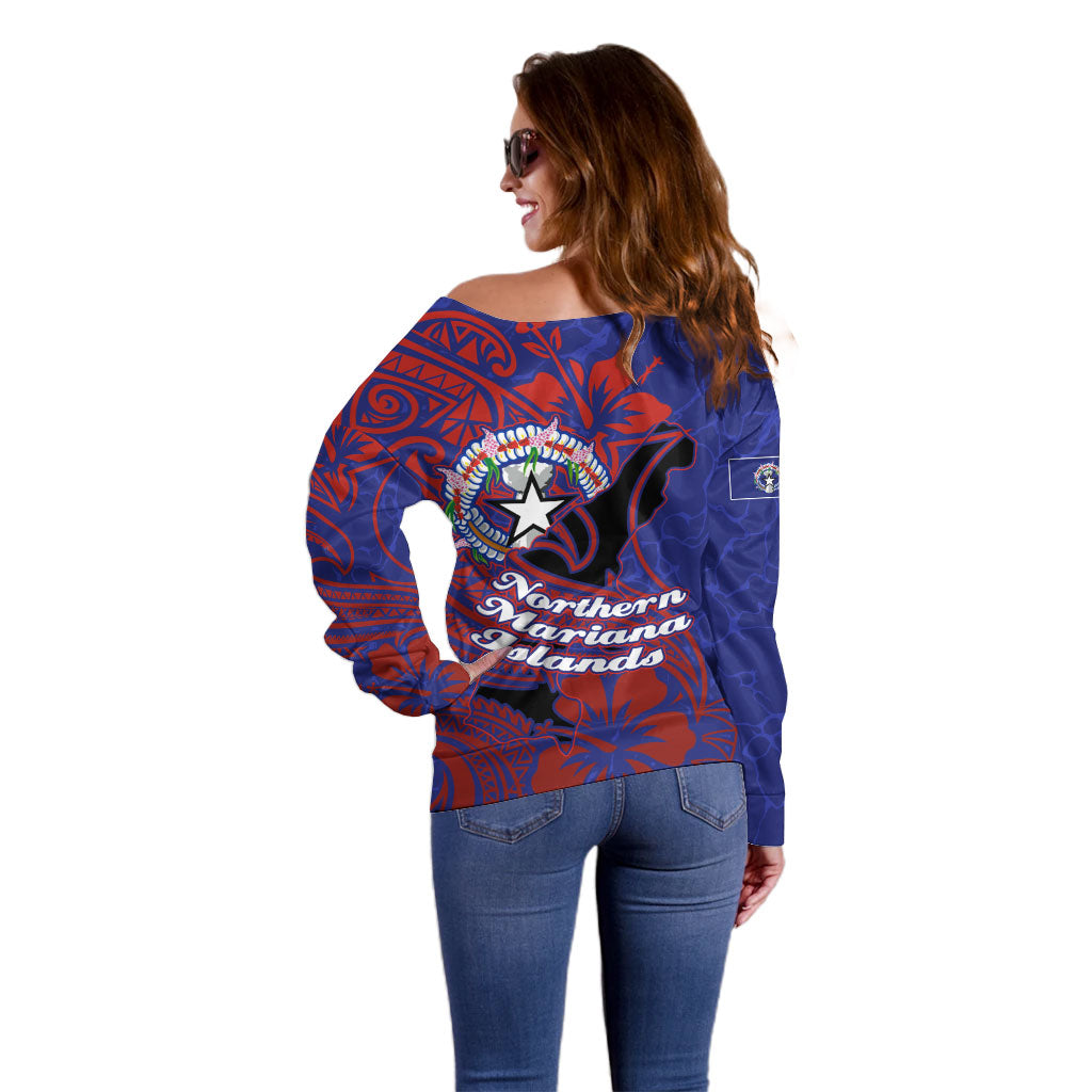 Saipan Northern Mariana Islands Off Shoulder Sweater Polynesian Tribal Tattoo Art With Hibiscus Flowers And Seal TS04 - Polynesian Pride
