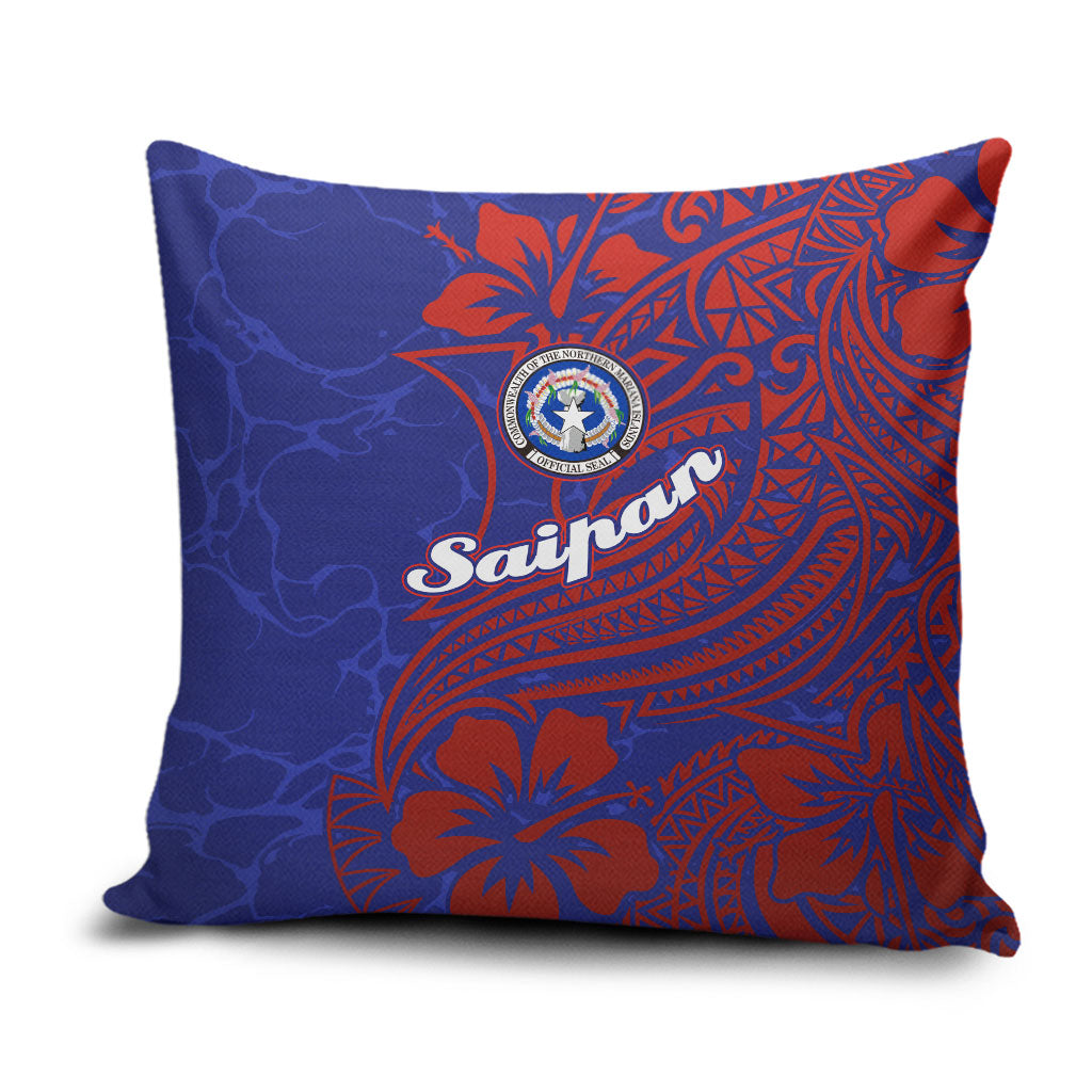 Saipan Northern Mariana Islands Pillow Cover Polynesian Tribal Tattoo Art With Hibiscus Flowers And Seal TS04 Blue Red - Polynesian Pride
