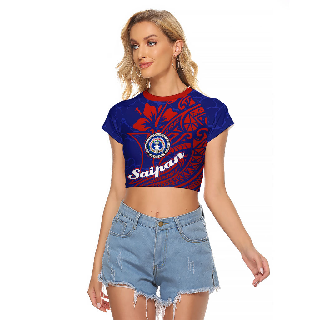 Saipan Northern Mariana Islands Raglan Cropped T Shirt Polynesian Tribal Tattoo Art With Hibiscus Flowers And Seal TS04 Female Blue Red - Polynesian Pride