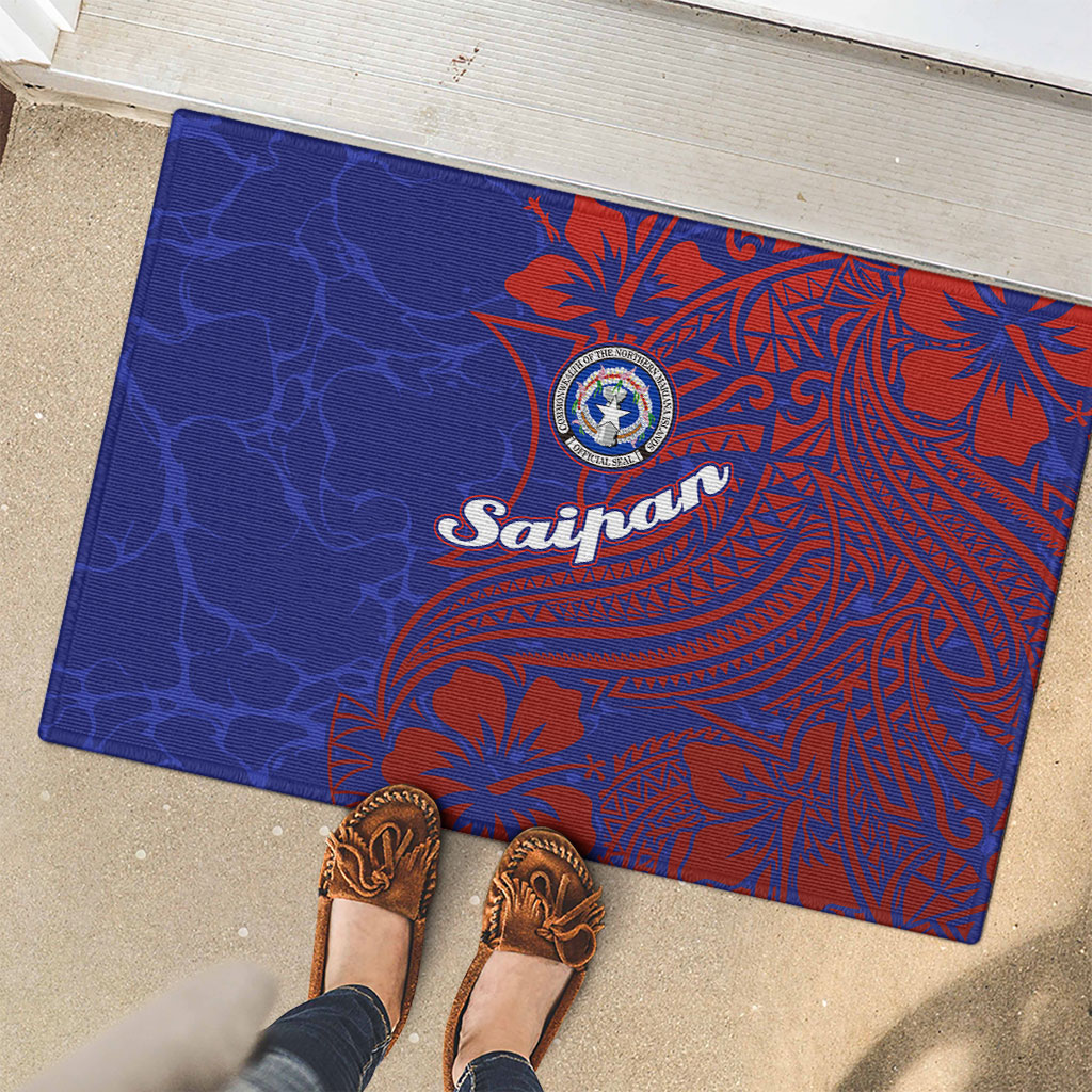 Saipan Northern Mariana Islands Rubber Doormat Polynesian Tribal Tattoo Art With Hibiscus Flowers And Seal TS04 - Polynesian Pride