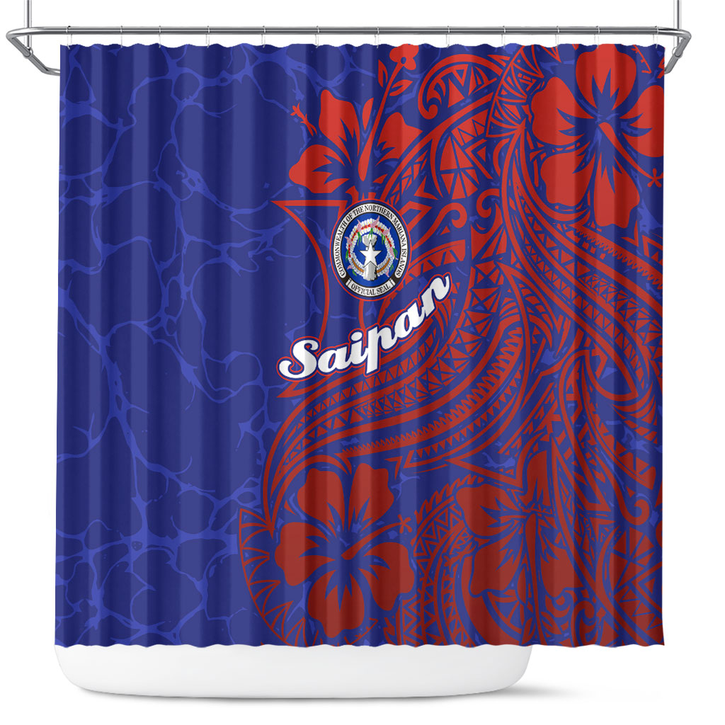 Saipan Northern Mariana Islands Shower Curtain Polynesian Tribal Tattoo Art With Hibiscus Flowers And Seal TS04 Blue Red - Polynesian Pride