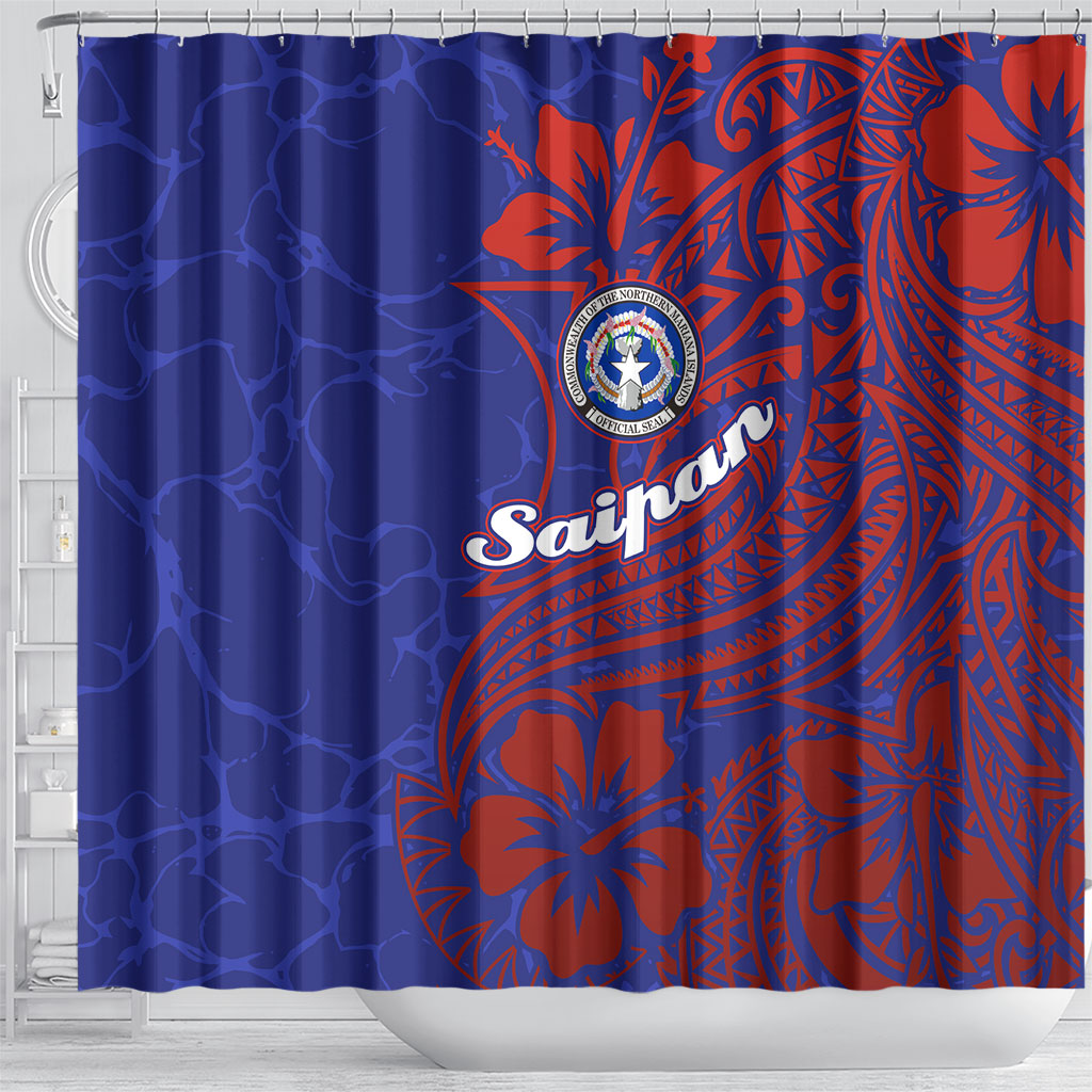 Saipan Northern Mariana Islands Shower Curtain Polynesian Tribal Tattoo Art With Hibiscus Flowers And Seal TS04 - Polynesian Pride