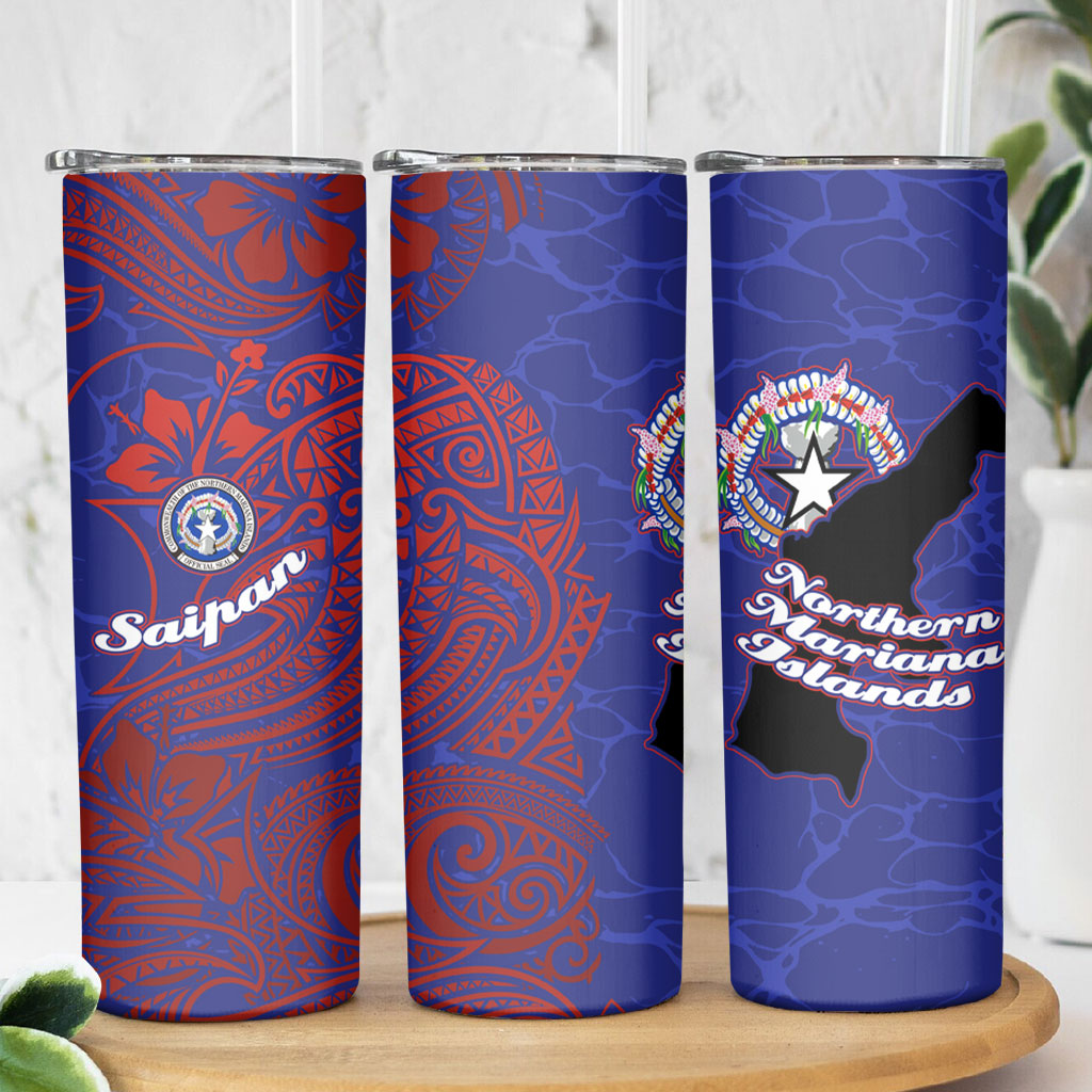 Saipan Northern Mariana Islands Skinny Tumbler Polynesian Tribal Tattoo Art With Hibiscus Flowers And Seal TS04 - Polynesian Pride
