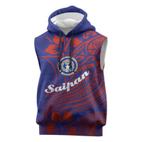 Saipan Northern Mariana Islands Sleeveless Hoodie Polynesian Tribal Tattoo Art With Hibiscus Flowers And Seal TS04 Blue Red - Polynesian Pride