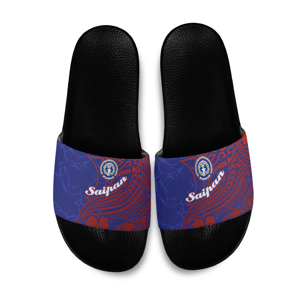 Saipan Northern Mariana Islands Slide Sandals Polynesian Tribal Tattoo Art With Hibiscus Flowers And Seal