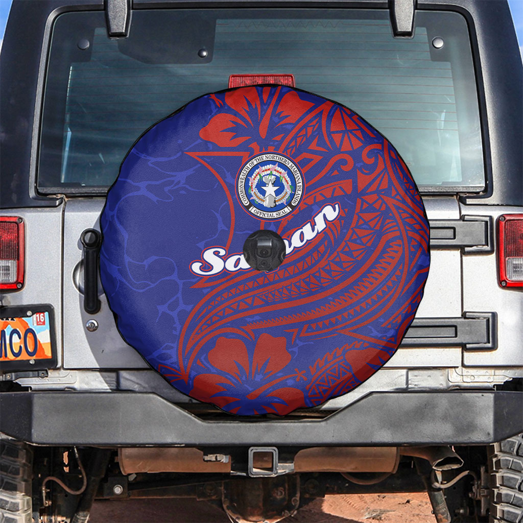 Saipan Northern Mariana Islands Spare Tire Cover Polynesian Tribal Tattoo Art With Hibiscus Flowers And Seal TS04 Blue Red - Polynesian Pride