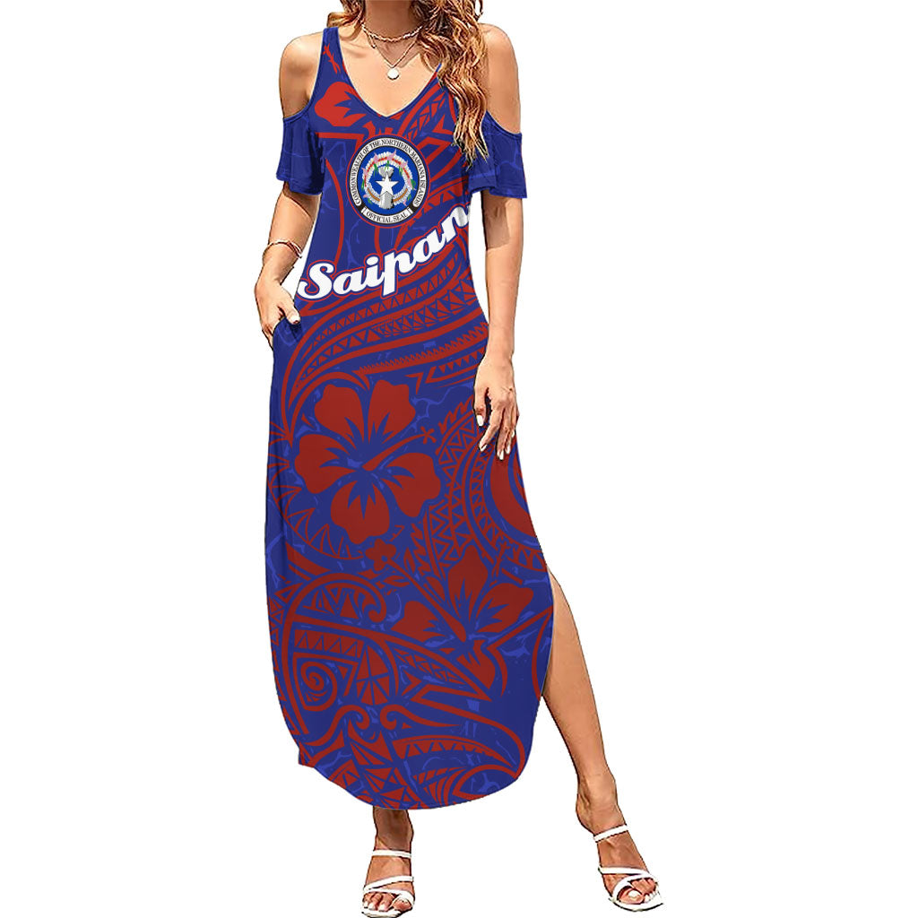 Saipan Northern Mariana Islands Summer Maxi Dress Polynesian Tribal Tattoo Art With Hibiscus Flowers And Seal TS04 Women Blue Red - Polynesian Pride