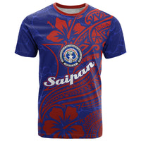 Saipan Northern Mariana Islands T Shirt Polynesian Tribal Tattoo Art With Hibiscus Flowers And Seal TS04 Blue Red - Polynesian Pride