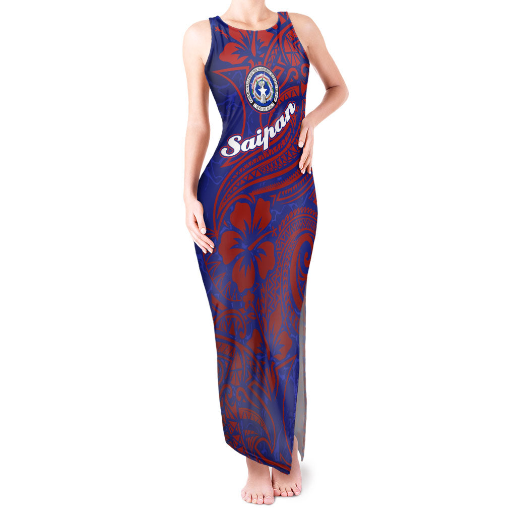 Saipan Northern Mariana Islands Tank Maxi Dress Polynesian Tribal Tattoo Art With Hibiscus Flowers And Seal