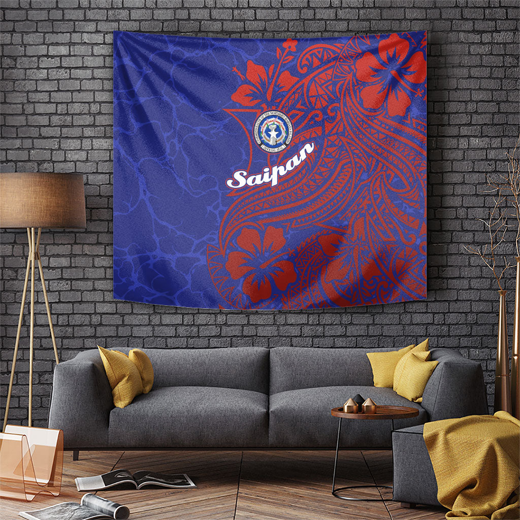 Saipan Northern Mariana Islands Tapestry Polynesian Tribal Tattoo Art With Hibiscus Flowers And Seal TS04 Blue Red - Polynesian Pride